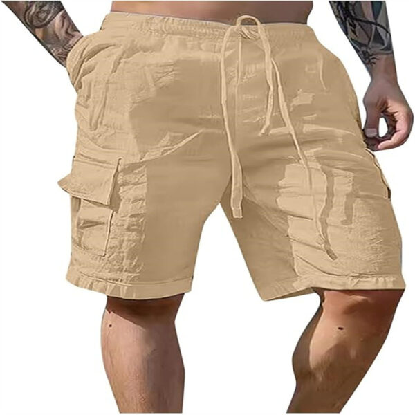 Cotton Linen Shorts Drawstring Elastic Waist Straight Leg Solid Color Breathable Beach Shorts - Image 4