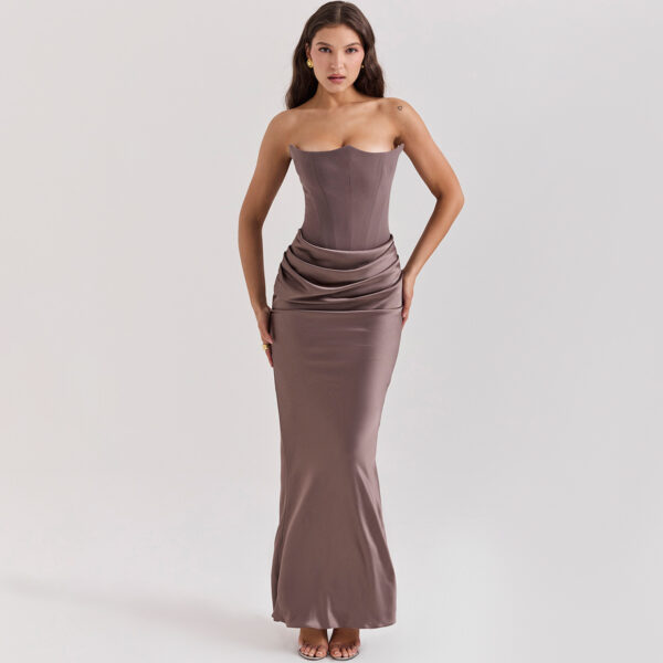 Fishbone Bandeau Slim-fit Backless Autumn And Winter Velvet Dress Black Evening Gown - Image 3