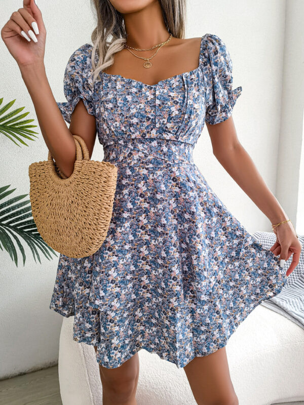 Women Mini Dress Temperament Big Swing Loose Hem Flower Print Shirring Dress Up Short Sleeves High Waist Summer Dress Clothes - Image 9