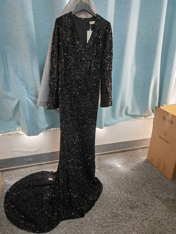 Grey Long Sleeve Sequin Evening Dress - Image 3