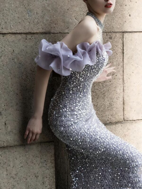 Purple Host Starry Sky Annual Meeting Beaded Toast Dress Halter Model Catwalk Fishtail - Image 5