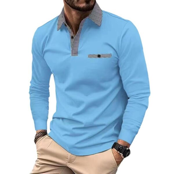 Leisure Plaid Lapel Polo Shirt Fashion Solid Color Long Sleeve Tops Men's Clothing - Image 7