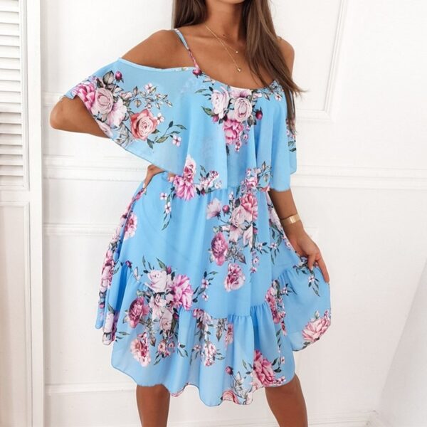 Flower Printed Ruffled Suspender Dress Summer Off-the-shoulder Strap Dresses Women - Image 5