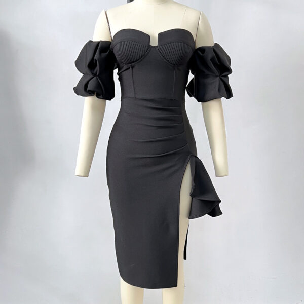 Women's Solid Color Lantern Sleeve Bandage Dress - Image 3