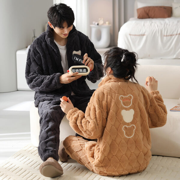 Flannel Couple Pajamas Men's Autumn And Winter Thickened Keep Warm New Zipper Cardigan Cute Coral Fleece Homewear - Image 5