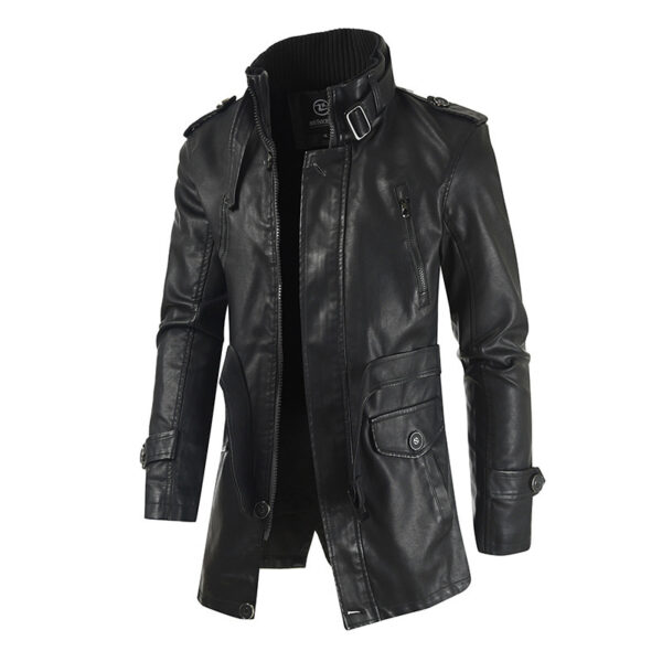 Men's Mid-length Leather Coat Stand Collar Fleece-lined Thickened - Image 4