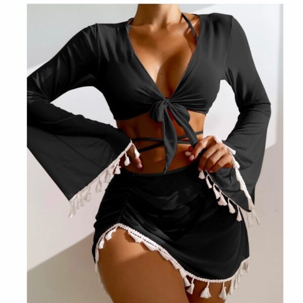 4pcs Solid Color Bikini With Short Skirt And Long Sleeve Cover-up Fashion Bow Tie Fringed Swimsuit Set Summer Beach Womens Clothing - Image 6