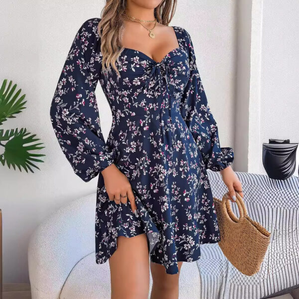 Fashion Floral Print Lantern Sleeve Dress Casual Sexy Tie Square Neck Long Sleeve A-Line Dress Women's Clothing - Image 3