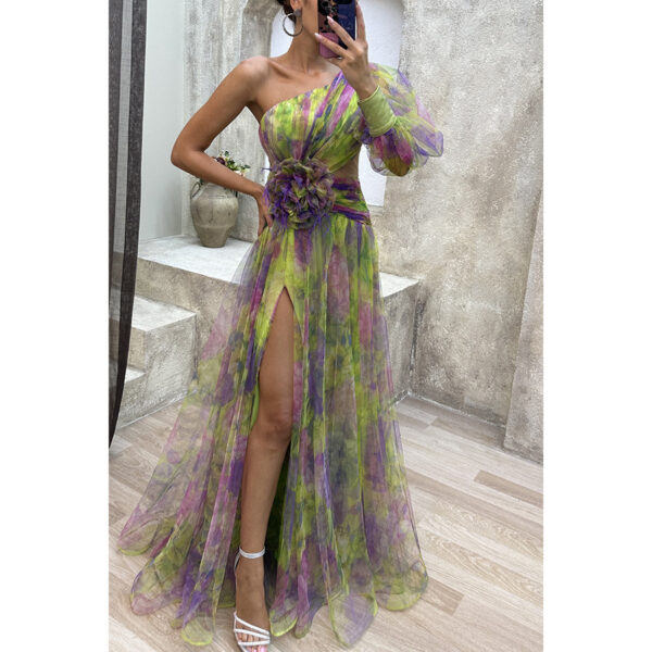 Mesh Tie-dye Printed Off-shoulder Slit Dress Summer INS Fashion Long Dress Party Womens Clothing - Image 2