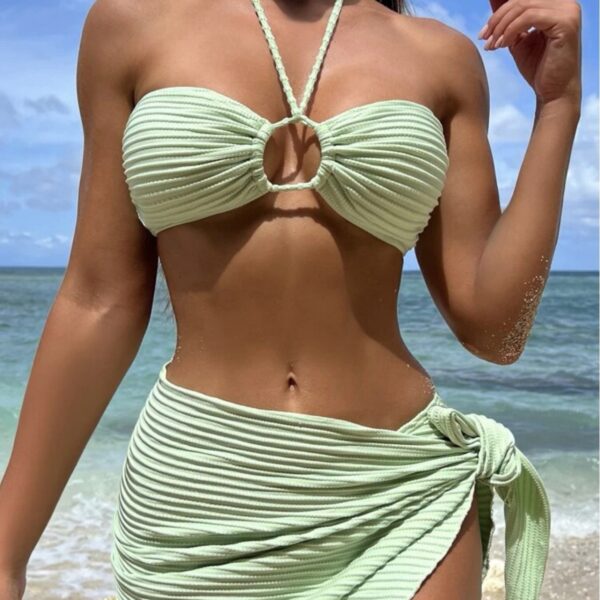 3pcs Solid Color Stripe Swimsuit Sexy Summer Beach Bikini Set Womens Clothing - Image 9