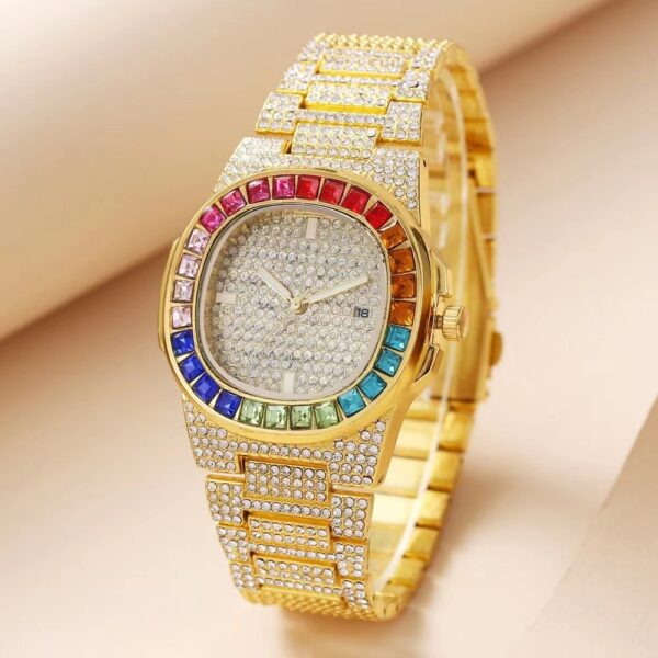 Full Diamond Inlaid Color Diamond Steel Belt Square Belt Calendar Quartz Wrist Watch - Image 3