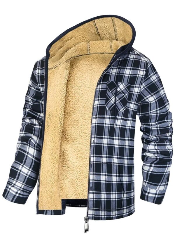 Men's Plaid Print Hooded Zip-Up Jacket Winter Thickened Cotton-padded Coat Warm Clothing - Image 6