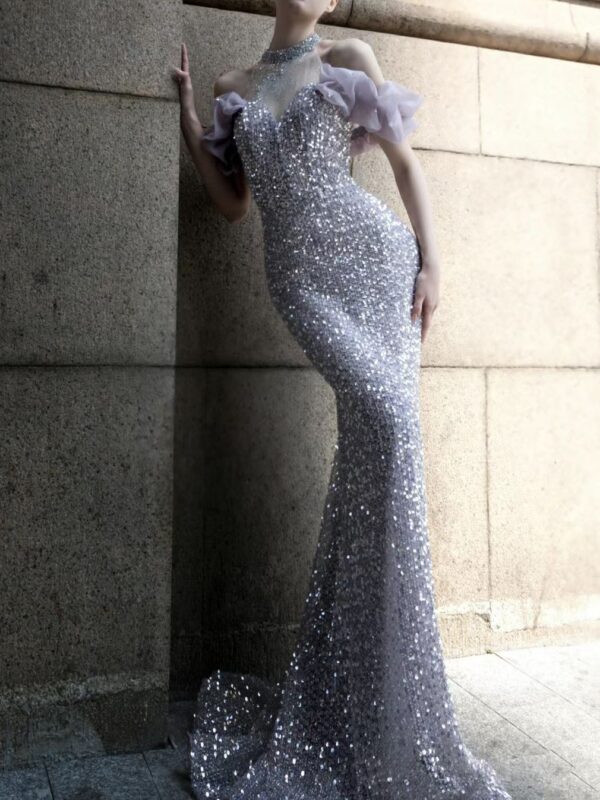 Purple Host Starry Sky Annual Meeting Beaded Toast Dress Halter Model Catwalk Fishtail - Image 7