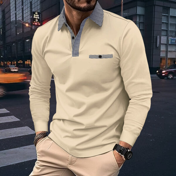 Leisure Plaid Lapel Polo Shirt Fashion Solid Color Long Sleeve Tops Men's Clothing - Image 3