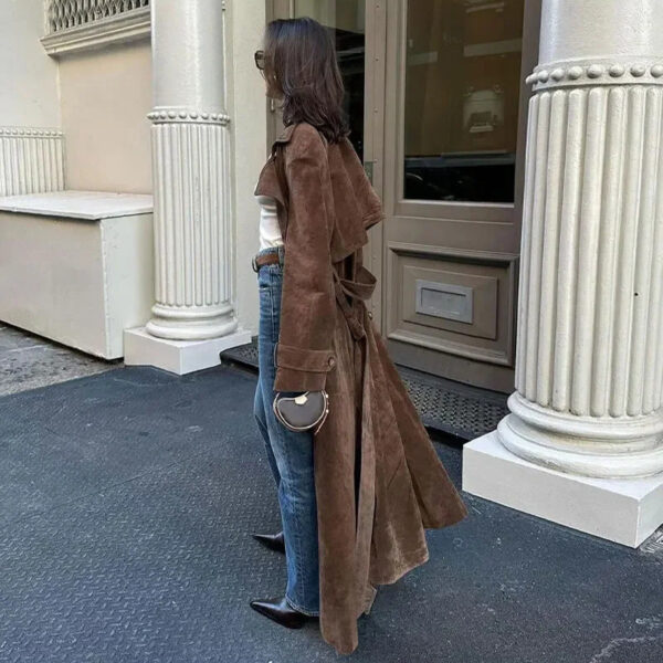 Double Breasted Lapel Shift Coat With Belt Fashion Vintage Suede Long Coat Winter Outwear Women's Clothing - Image 7