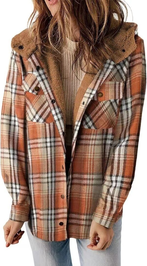 Casual Plaid Hooded Woolen Coat Thickened Fleece-lined Warm Jacket - Image 8