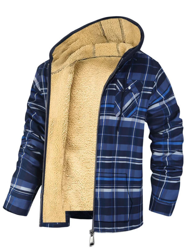 Men's Plaid Print Hooded Zip-Up Jacket Winter Thickened Cotton-padded Coat Warm Clothing - Image 7