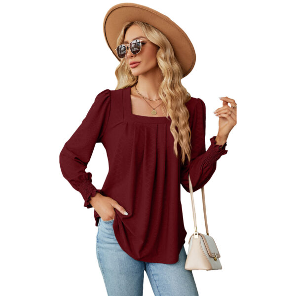 New Jacquard Pleated Square Neck T-shirt Fashion Solid Color Long Sleeve Pullover Tops Womens Clothing - Image 5