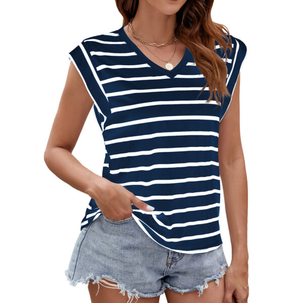 Fashion Stripe Print V-neck Short-sleeved T-Shirt Summer Loose Tank Top Womens Clothing - Image 3