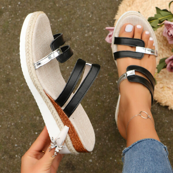 Colorblock-strap Wedges Sandals Summer Fashion Hemp Heel Slides Slippers Outdoor Thick Bottom Fish Mouth Shoes For Women - Image 2