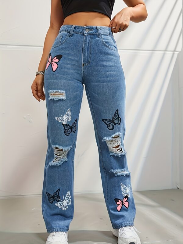 High Waisted Straight Leg Jeans For Women Trendy Butterfly Print Ripped Distressed Denim Pants - Image 6