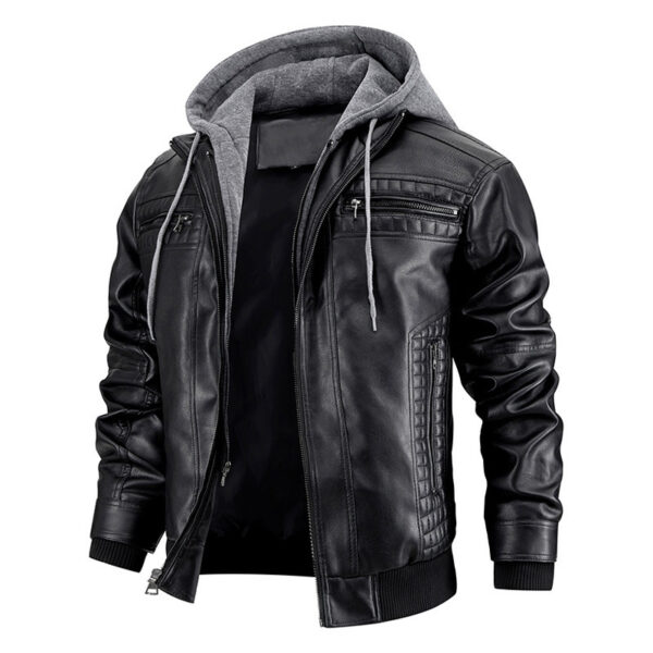 Hooded Jacket With Zipper Pockets Fashion Warm Pu Leather Coat Mens Clothing - Image 6