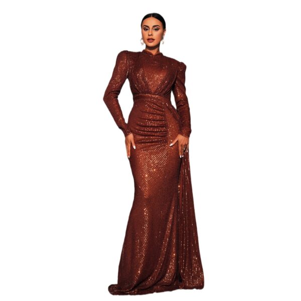 Long Sleeve Round Neck Sexy Slim Long Sequined Banquet Dress - Image 6