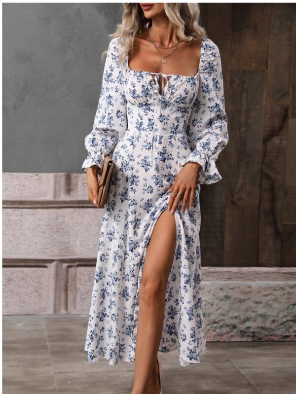 Flowers Printing Long Sleeve Dress Fashion Square-neck Bottom Slit Dresses Womens  Clothing - Image 4