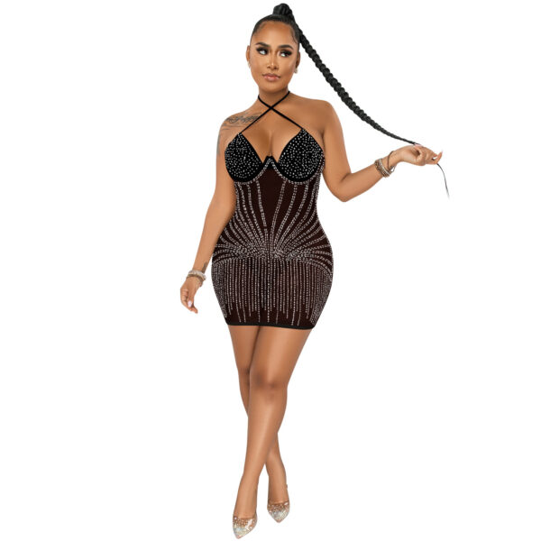 Sling Wrapped Chest Rhinestone Mesh Perspective Skirt Dress - Image 2