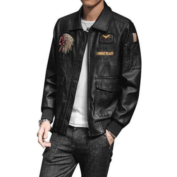 Men's Pu Leather Jacket Men's Lapel Embroidery Motorcycle Jacket - Image 2