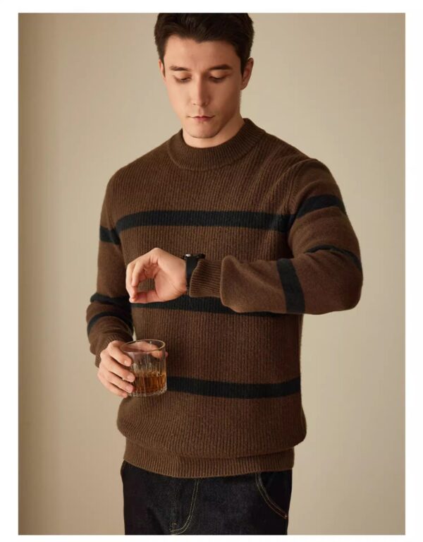 Pure Wool Men's Casual Striped Contrast Color Warm Sweater - Image 2