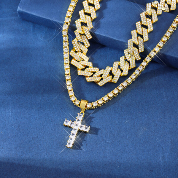 Zircon Cross Pendant Necklace Hip Hop Full Miami Curb Cuban Chain Iced Out Paved Rhinestones Bling Rapper Necklaces For Men Men's And Women's Clavicle Chain Jewelry - Image 3