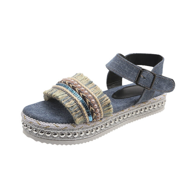 Fashion Tassel Denim Sandals With Thick-soled Flat Heel New Summer Hemp Rope Sole Ethnic Style Shoes For Women - Image 8