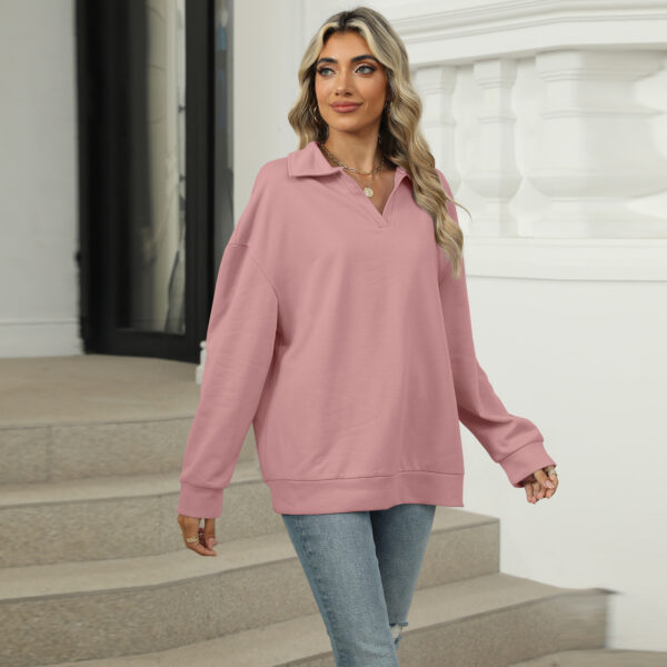 New Lapel V-neck Sweatshirt Fashion Casual Loose Solid Color  Long-sleeved Pullover Top For Womens Clothing - Image 5