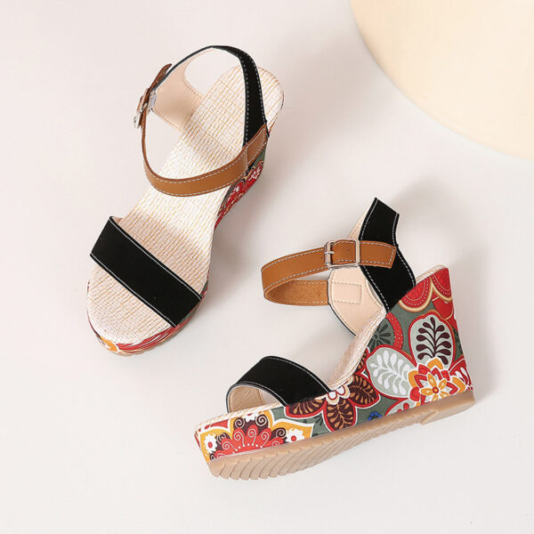 Fashion Flowers Embroidered High Wedge Sandals For Women Summer Toe Platform Buckle Shoes - Image 2