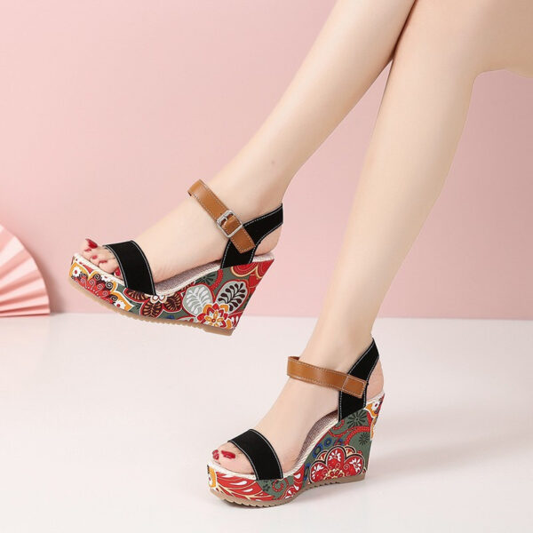 Fashion Flowers Embroidered High Wedge Sandals For Women Summer Toe Platform Buckle Shoes - Image 5