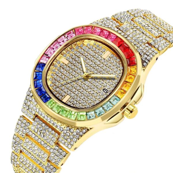 Full Diamond Inlaid Color Diamond Steel Belt Square Belt Calendar Quartz Wrist Watch - Image 5