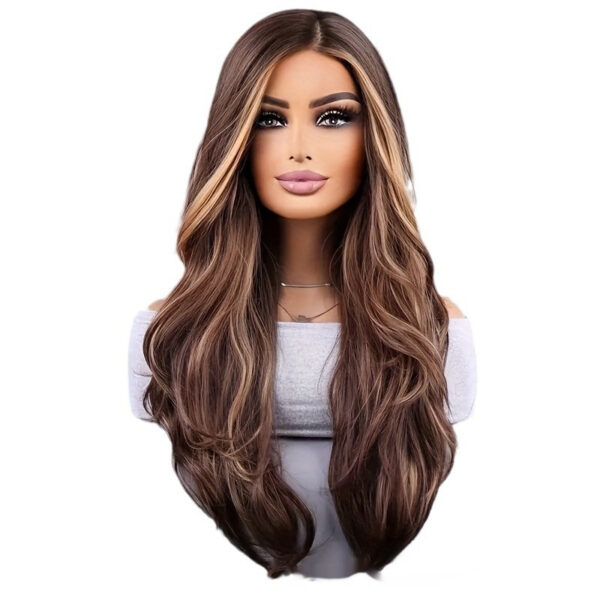 26-inch Elegant Women's Wig Brown Mixed Color Wavy Long Hair Synthetic Fiber Rose Mesh Cap Daily Wear - Image 3