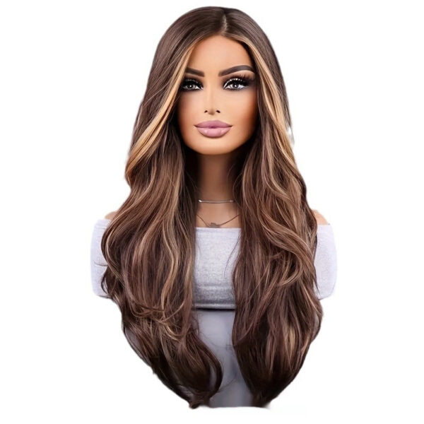 26-inch Elegant Women's Wig Brown Mixed Color Wavy Long Hair Synthetic Fiber Rose Mesh Cap Daily Wear - Image 5