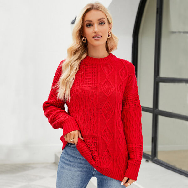 Casual Round-neck Pullover Sweater Fall Winter Solid Color Cable-knot Pattern Tops Women Clothing - Image 3