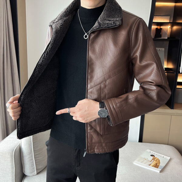 Hong Kong Style Velvet Padded Plus Size Men's Leather Jackets - Image 2