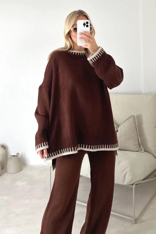 Women's Suit Fashion Pullover Split Long-sleeved Top And Loose Straight Pants Solid Color Two-piece Set - Image 4