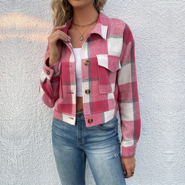 Plaid Lapel Cropped Jacket With Pockets Fashion Button Long Sleeve Short Outwear Tops Coat For Womens Clothing - Image 9