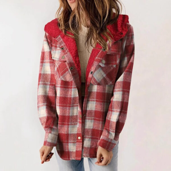 Casual Plaid Hooded Woolen Coat Thickened Fleece-lined Warm Jacket - Image 10