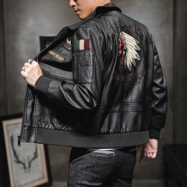 Men's Pu Leather Jacket Men's Lapel Embroidery Motorcycle Jacket - Image 3