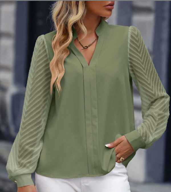 V-neck Long-sleeved Chiffon Shirt Lace Stitching Solid Color Tops Women Clothing - Image 6