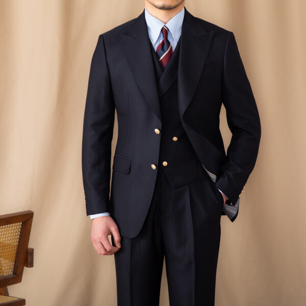 Men's Casual Gentleman Lapel Navy Blue Slim Three-piece Suit - Image 7