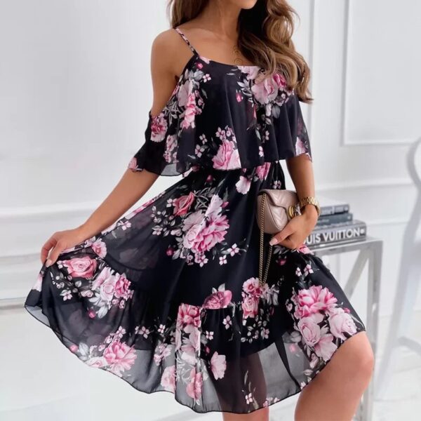 Flower Printed Ruffled Suspender Dress Summer Off-the-shoulder Strap Dresses Women - Image 2