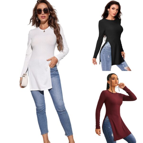 Women's Fashion Casual Long Sleeve Round Neck Ribbed Knit T-Shirt