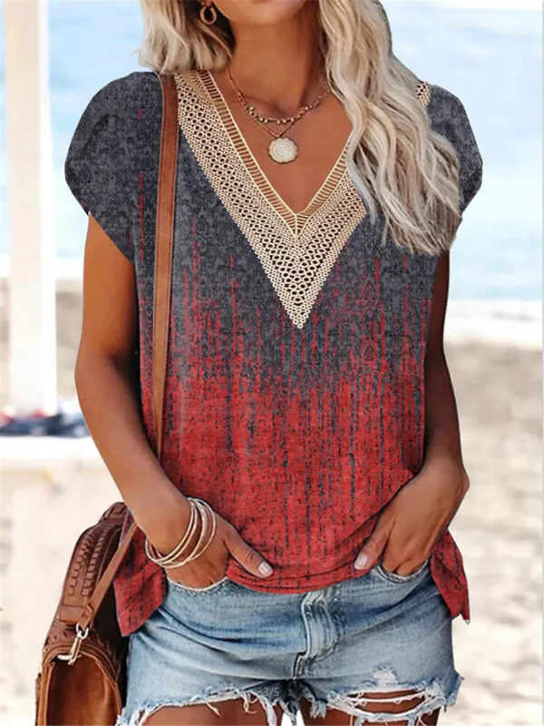 European And American Summer Lace Edge V-neck Printed Casual T-shirt Top - Image 8